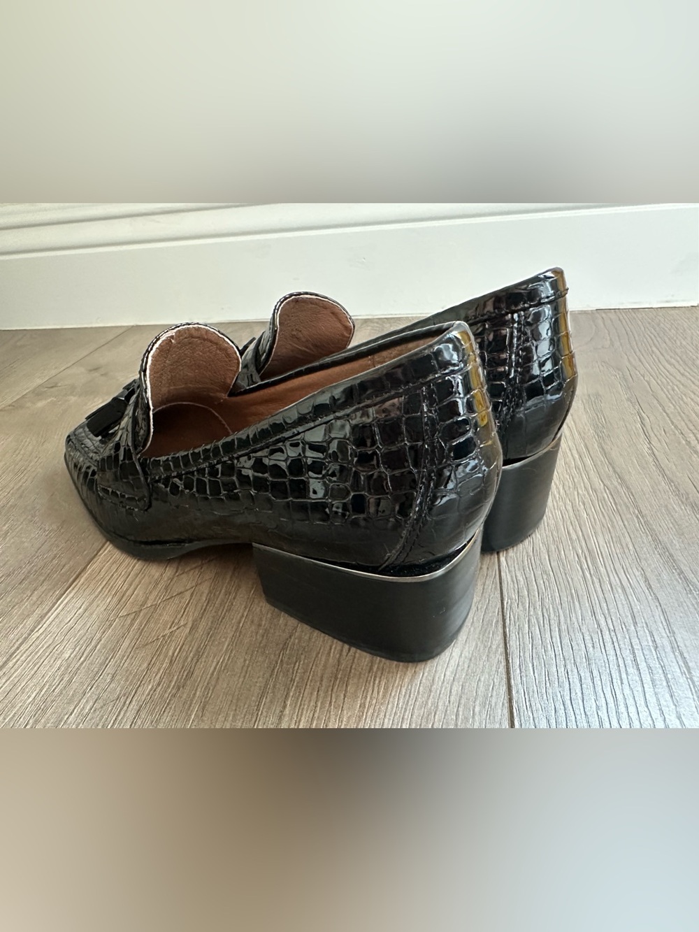 Donald Pliner Black Patent Leather with Tassels, 1 3/4" Heeled Loafers - Picture 6 of 9